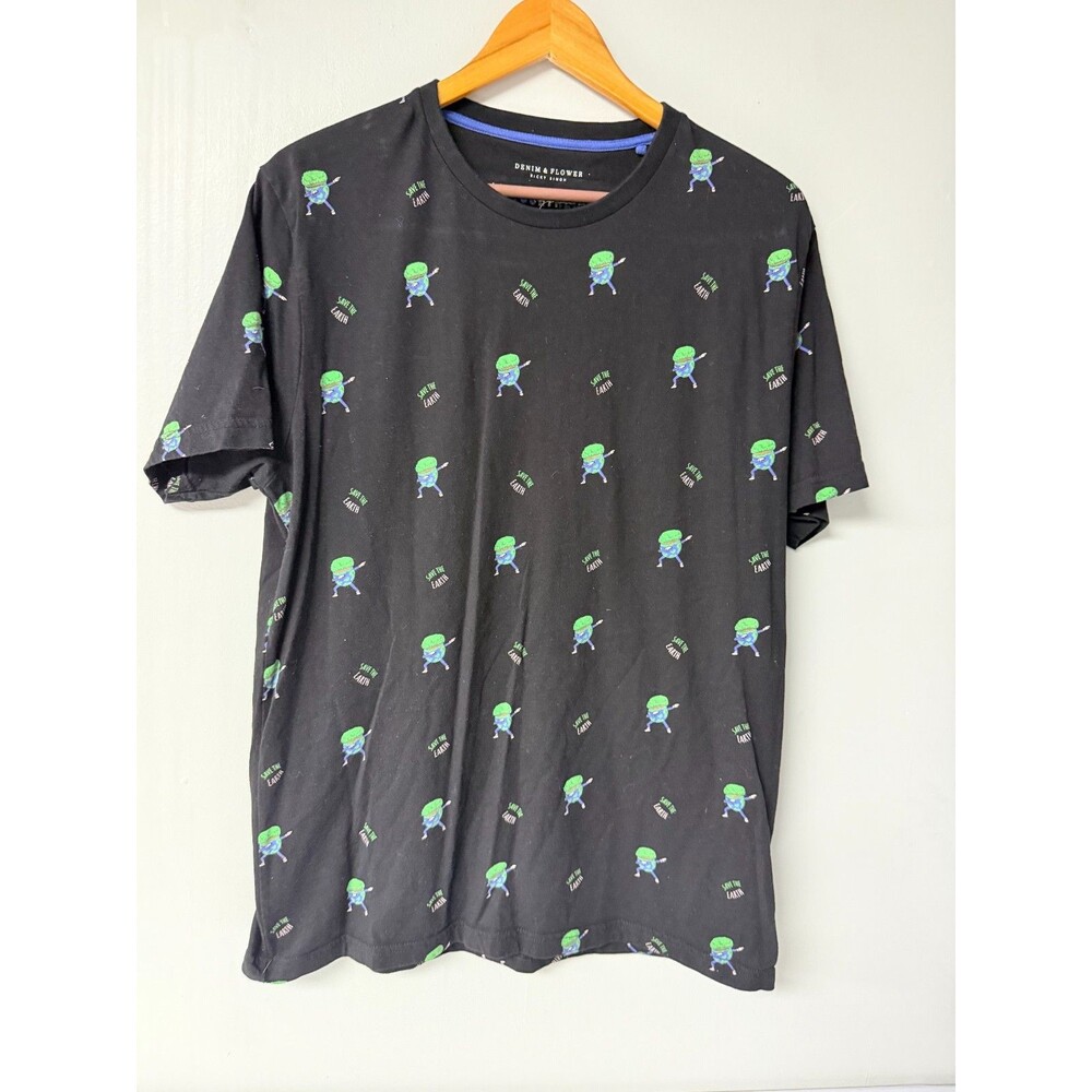 Denim & Flower Ricky Singh T Shirt XL Black Save the Earth All Over Print Cotton